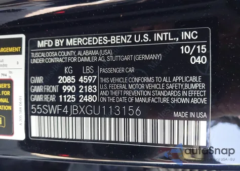 2016 Mercedes-Benz C 300 Sport из США, поврежденный, VIN 55SWF4JBXGU113156